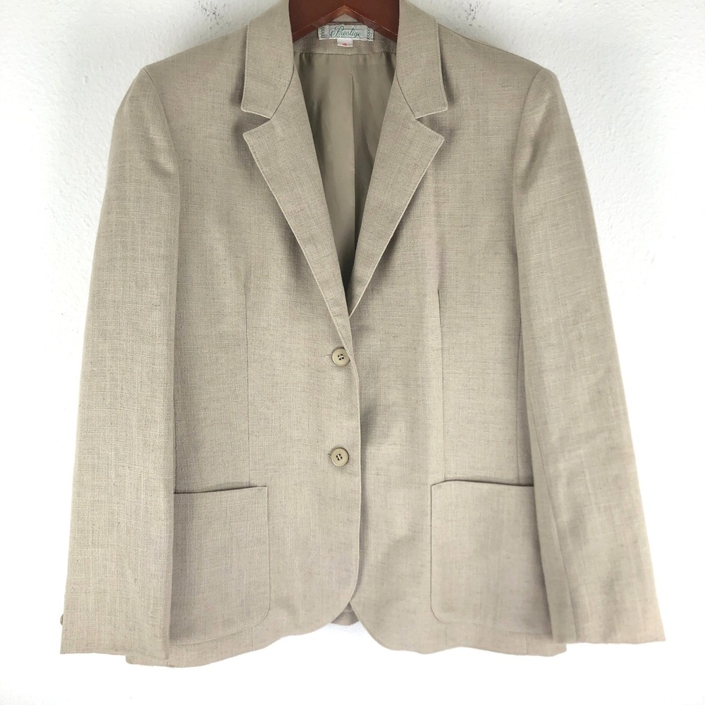 Prestige of Boston Vintage Beige Linen Blazer Jacket Two Button Size 16 Women